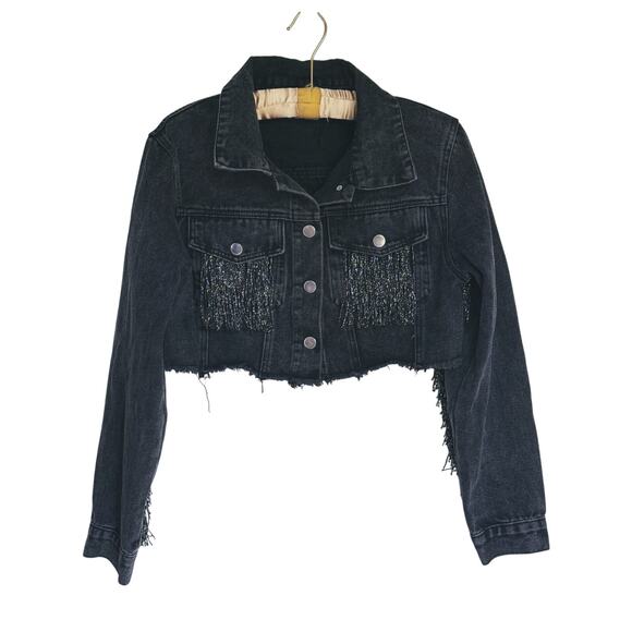 Fringe Cropped Distressed Y2K Denim Jacket Medium Western Raw Hem Grunge Retro - Picture 2 of 9